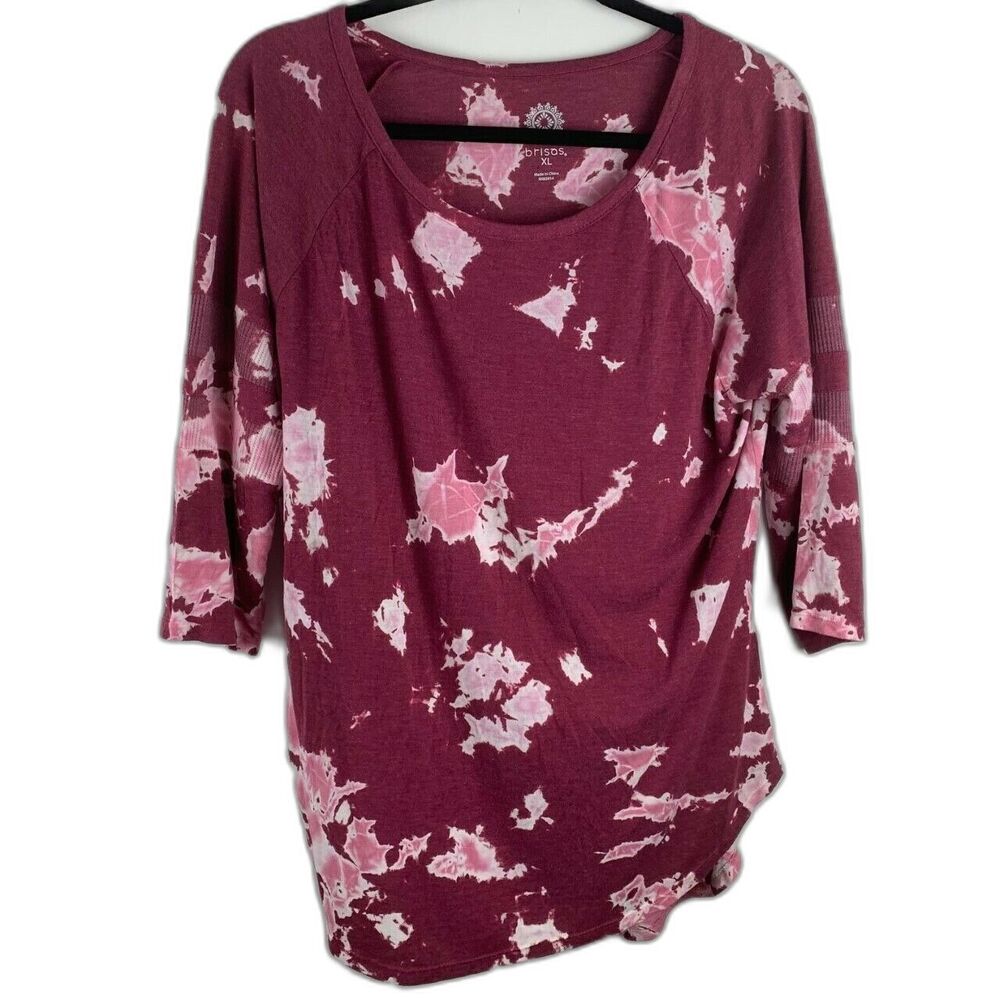 Brisas Size XL Womens Top Burgandy Tie Dye High Low Hem Tunic 3/4 Sleeve